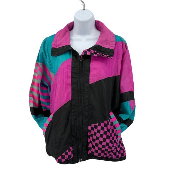 Pacific Trail Pink Blue Black Windbreaker Full Zip Jacket Womens L Oversized Fit - Picture 1 of 14